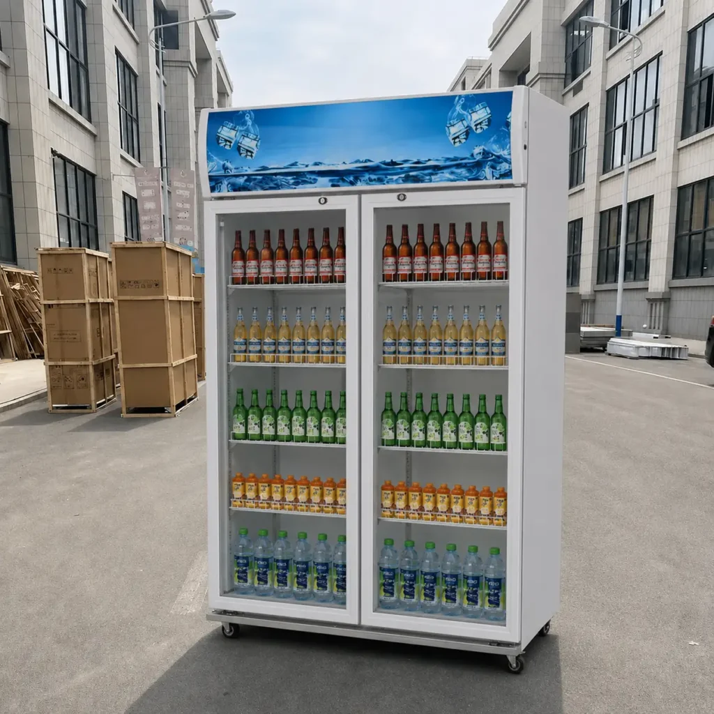 commercial glass door beverage display chiller upright refrigerated showcase