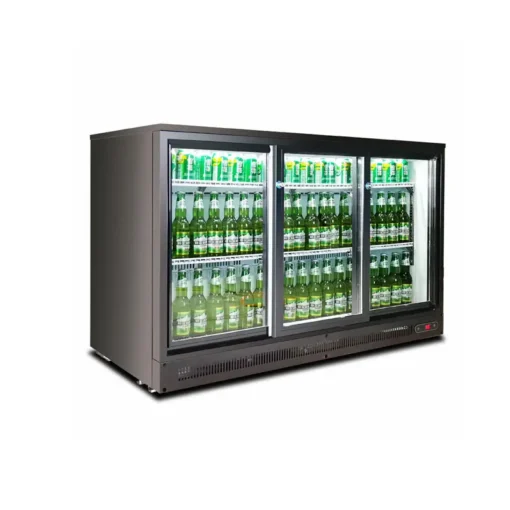 Triple glass door commercial beverage display chiller, under counter drink refrigerator showcase