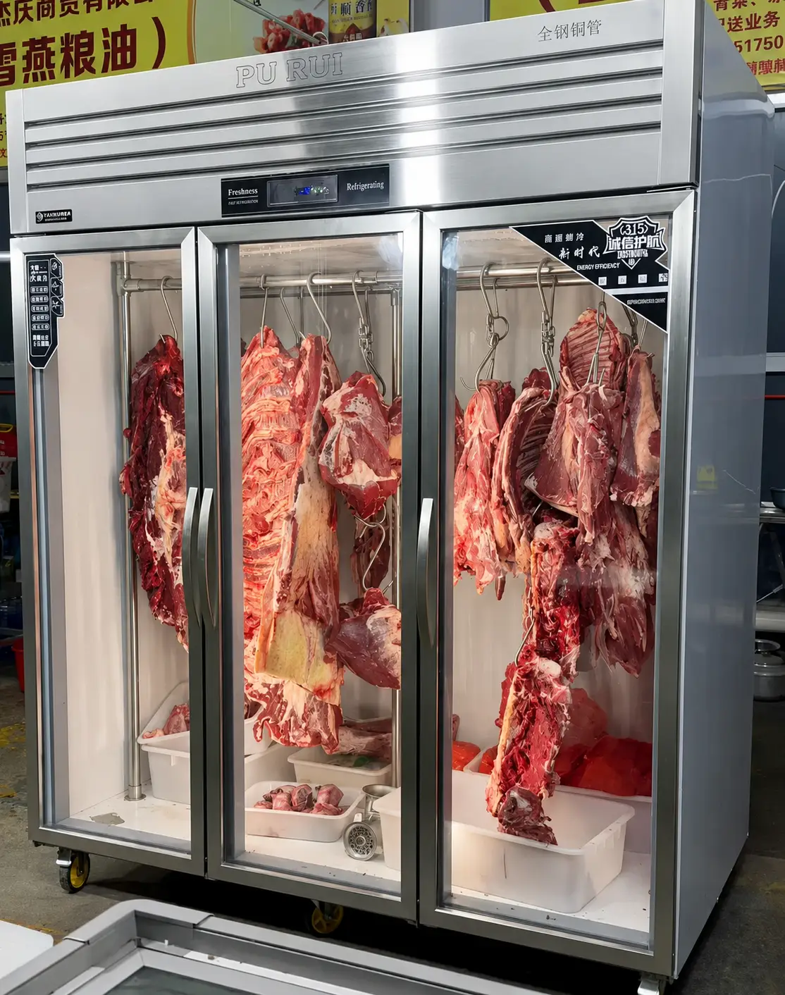 commercial meat hanging chiller with glass doors