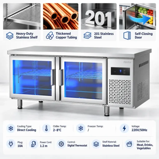 blue light glass door refrigerated & freezer worktable commercial undercounter prep refrigerator