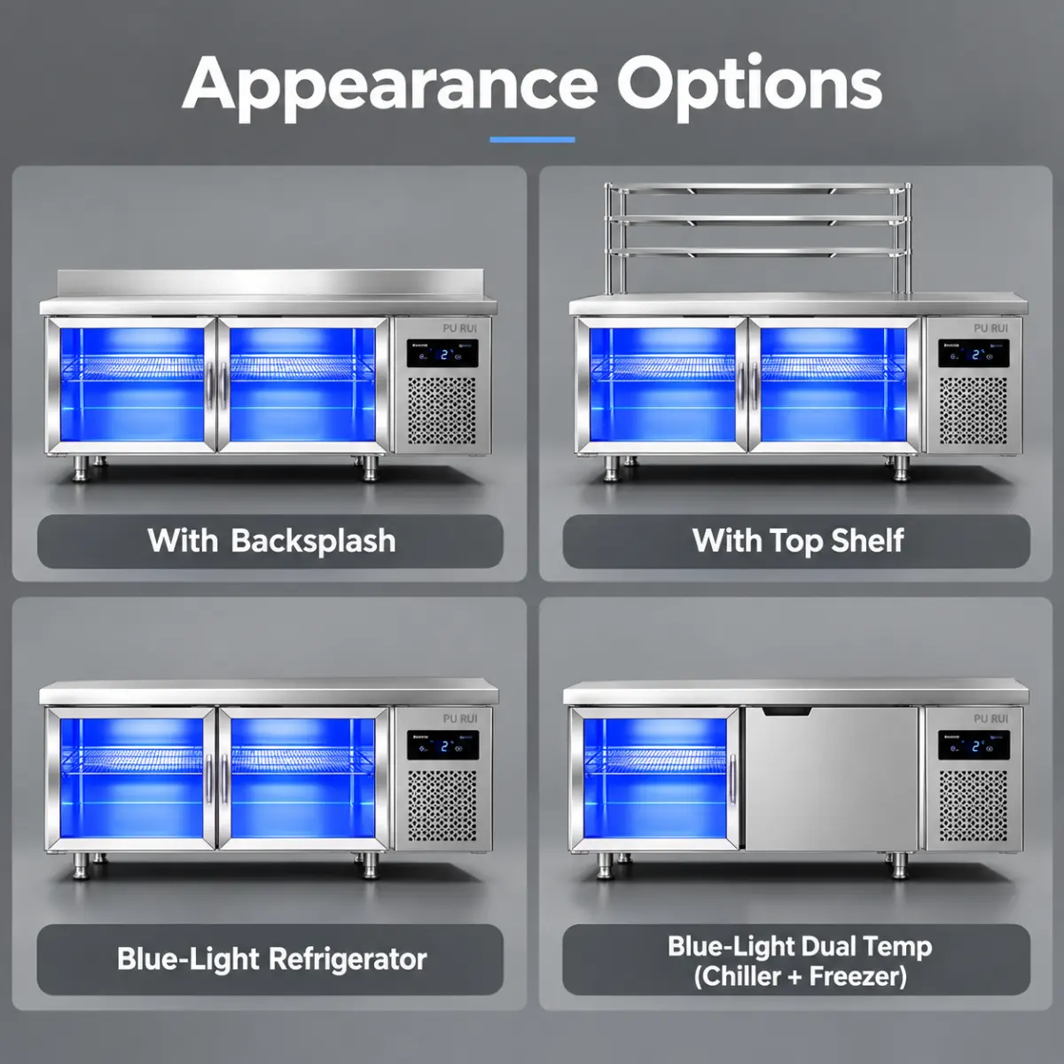 blue light glass door refrigerated & freezer worktable commercial undercounter prep refrigerator