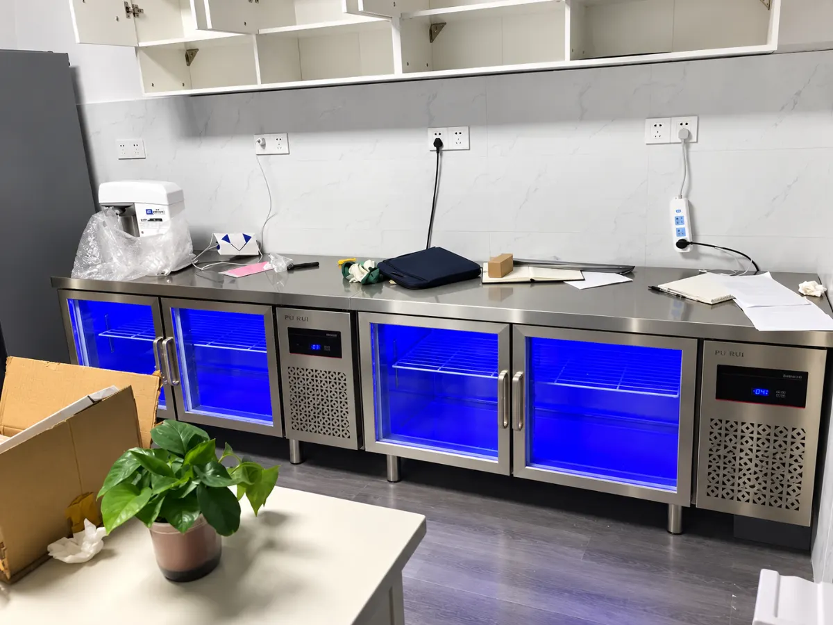 blue light glass door refrigerated & freezer worktable commercial undercounter prep refrigerator
