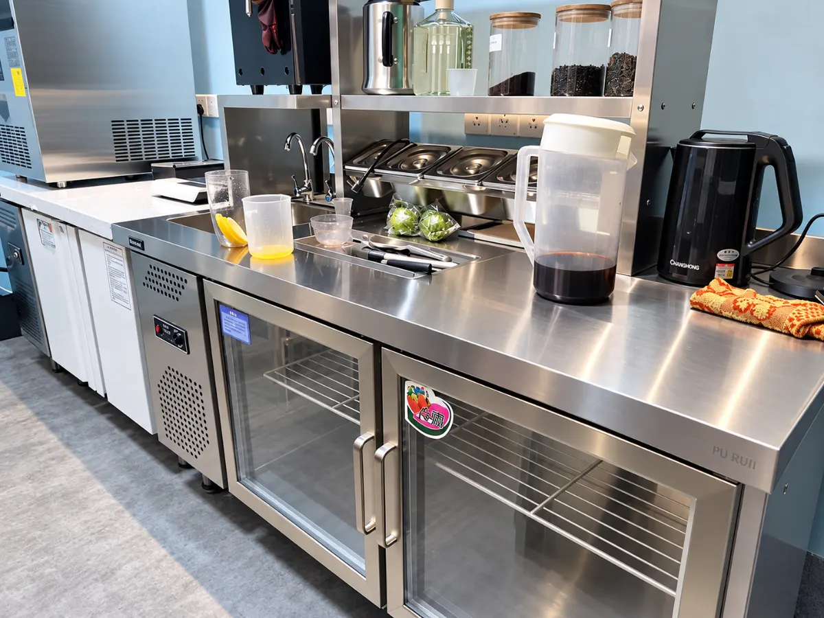 blue light glass door refrigerated & freezer worktable commercial undercounter prep refrigerator