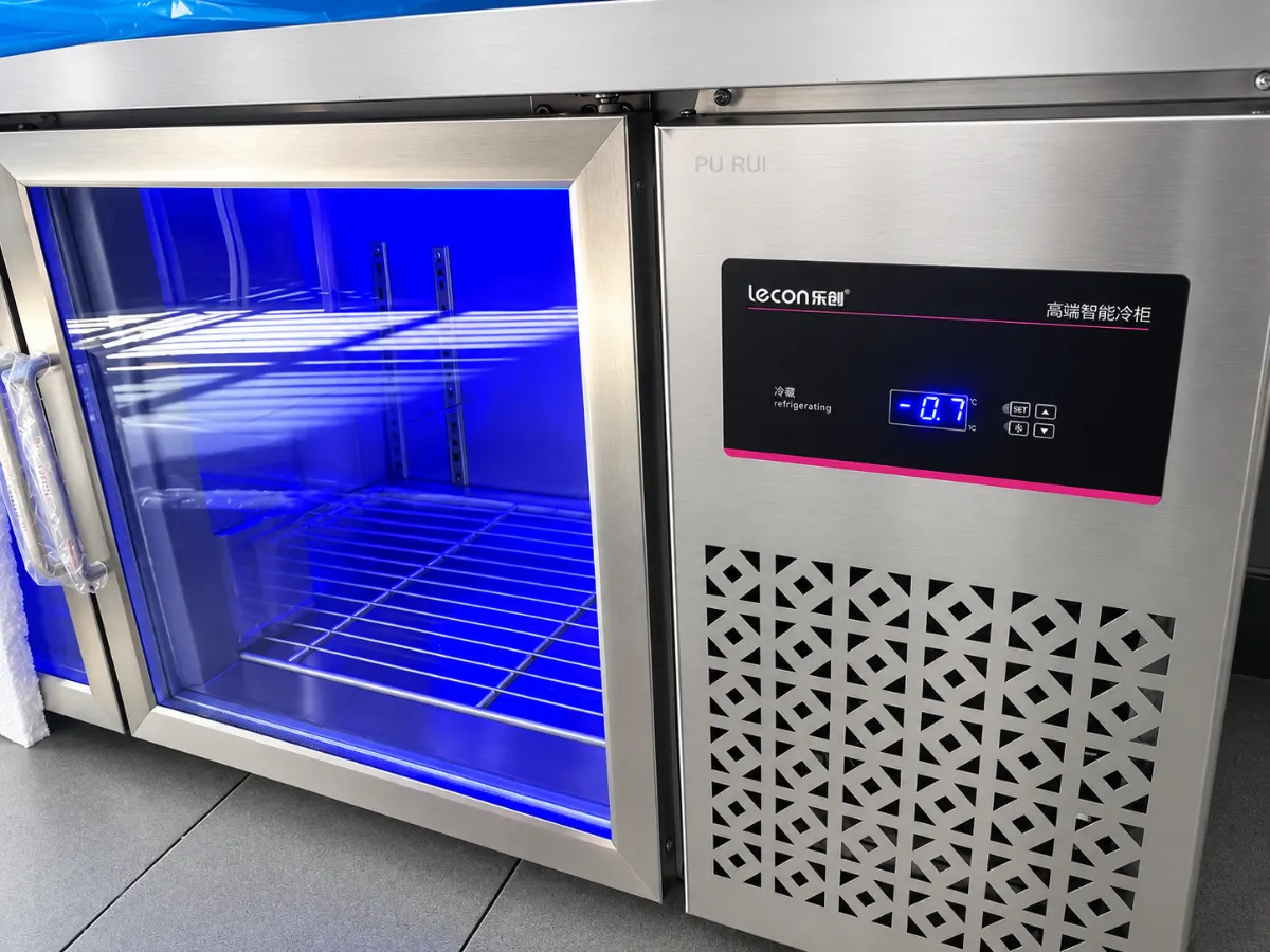 blue light glass door refrigerated & freezer worktable commercial undercounter prep refrigerator