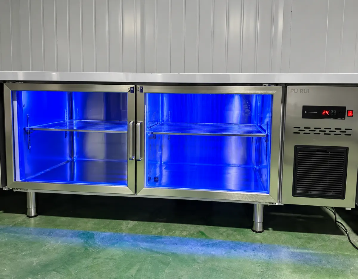 blue light glass door refrigerated & freezer worktable commercial undercounter prep refrigerator