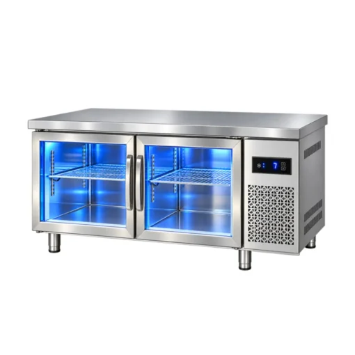 blue light glass door refrigerated & freezer worktable commercial undercounter prep refrigerator