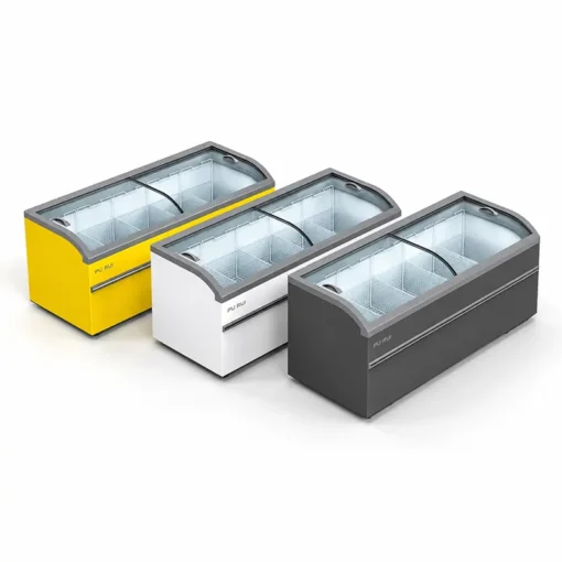 commercial, curved glass, display, chest freezer, supermarkets, frozen food stores