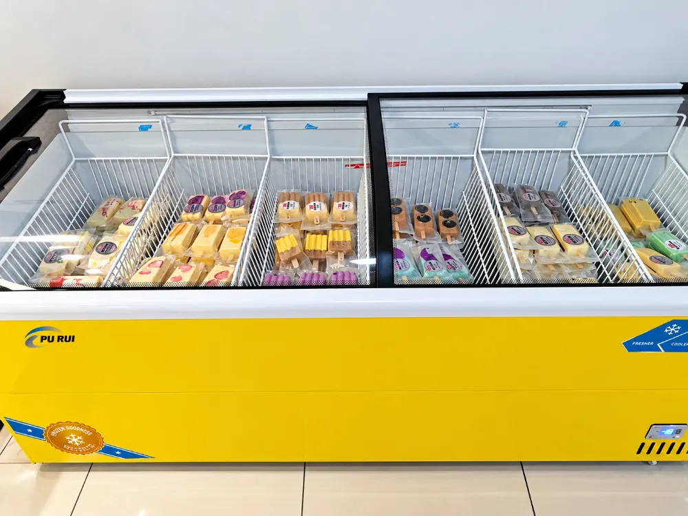 commercial, curved glass, display, chest freezer, supermarkets, frozen food stores