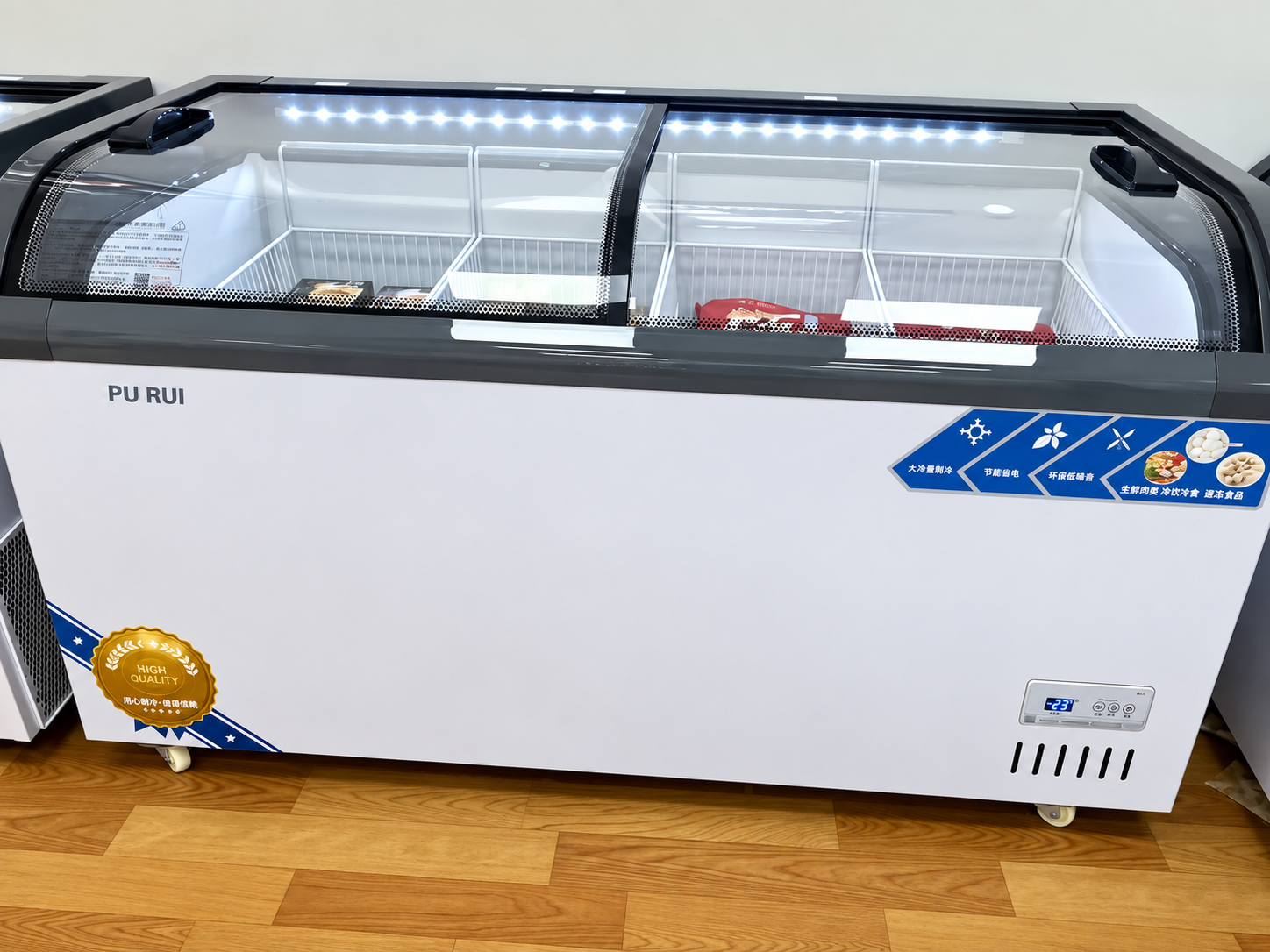 commercial, curved glass, display, chest freezer, supermarkets, frozen food stores