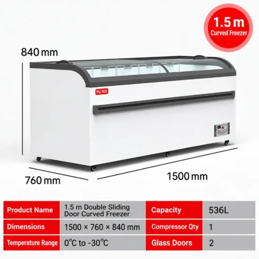 commercial, curved glass, display, chest freezer, supermarkets, frozen food stores
