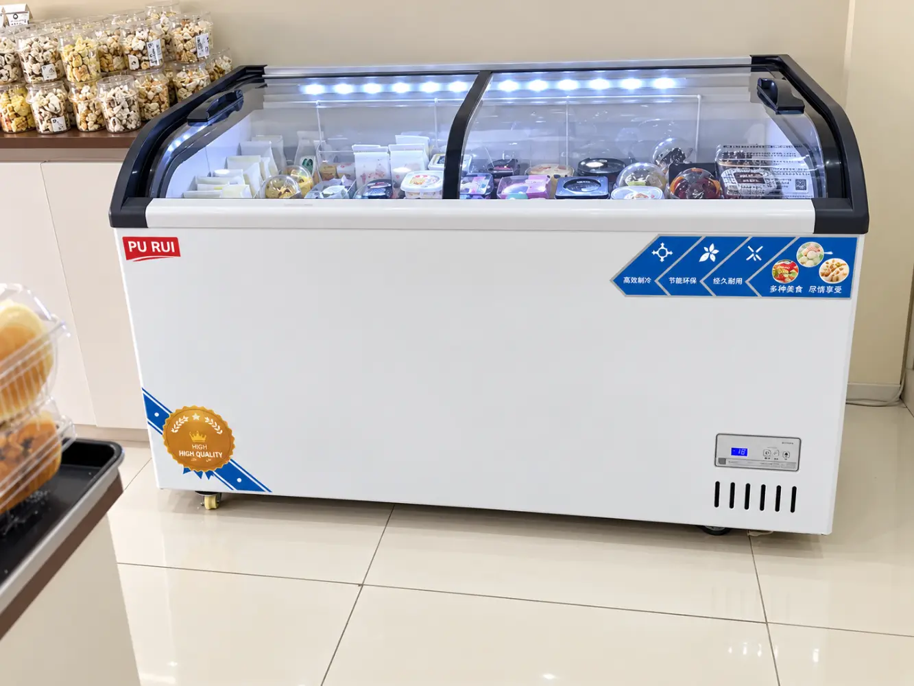 commercial, curved glass, display, chest freezer, supermarkets, frozen food stores