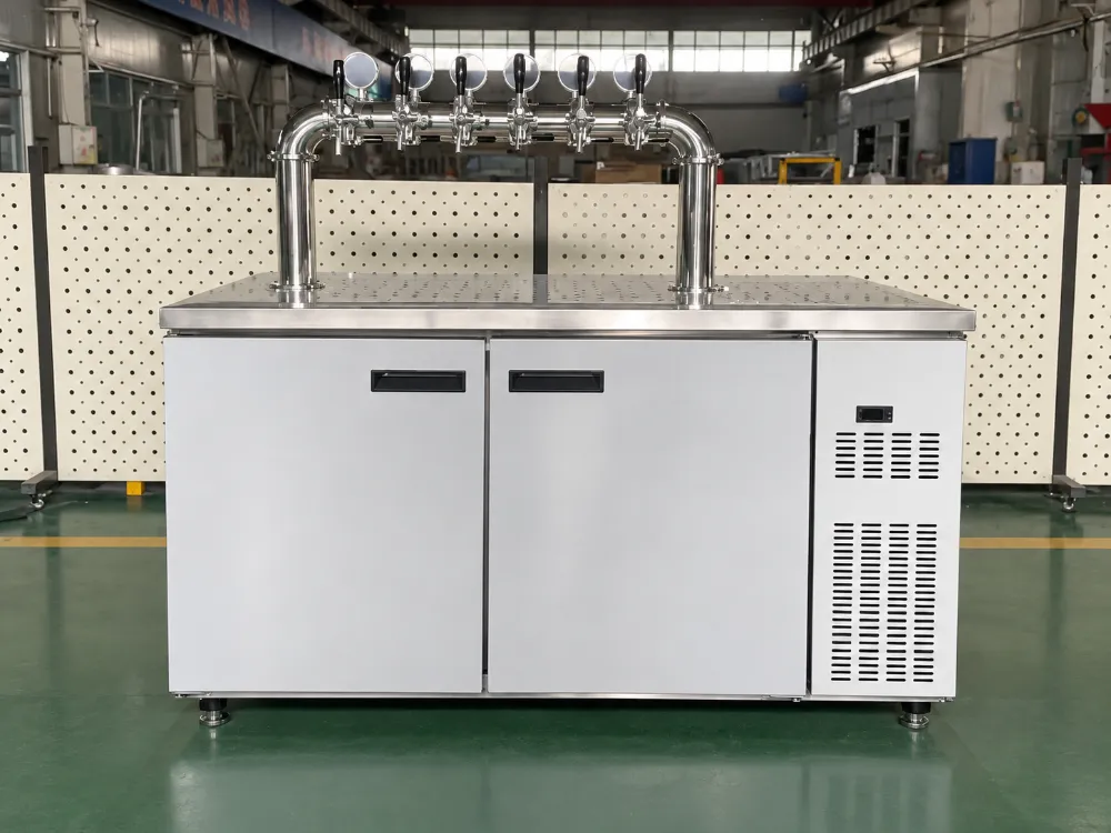 commercial draft beer dispenser kegerator with refrigerated cabinet