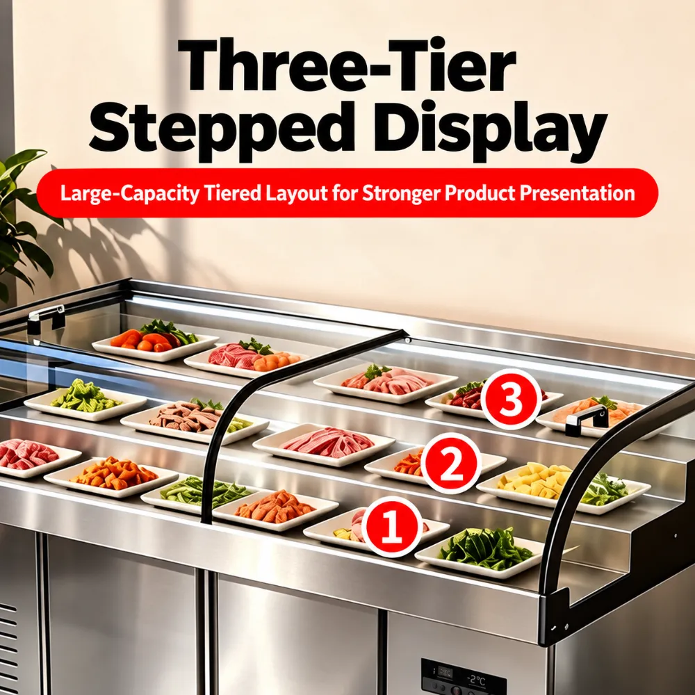 commercial dual temperature 3 tier refrigerated fresh food display counter