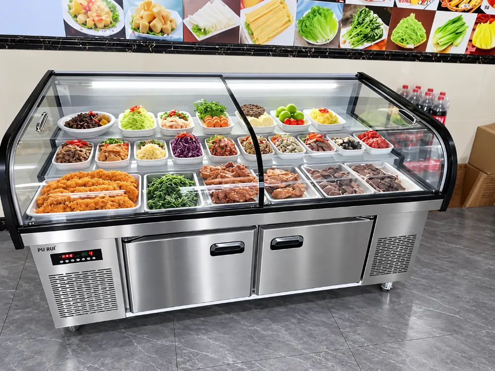 commercial dual temperature 3 tier refrigerated fresh food display counter