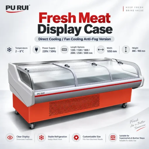 commercial, fan cooled, fresh meat, deli, display chiller, pork, beef, lamb, fruit, bbq skewers