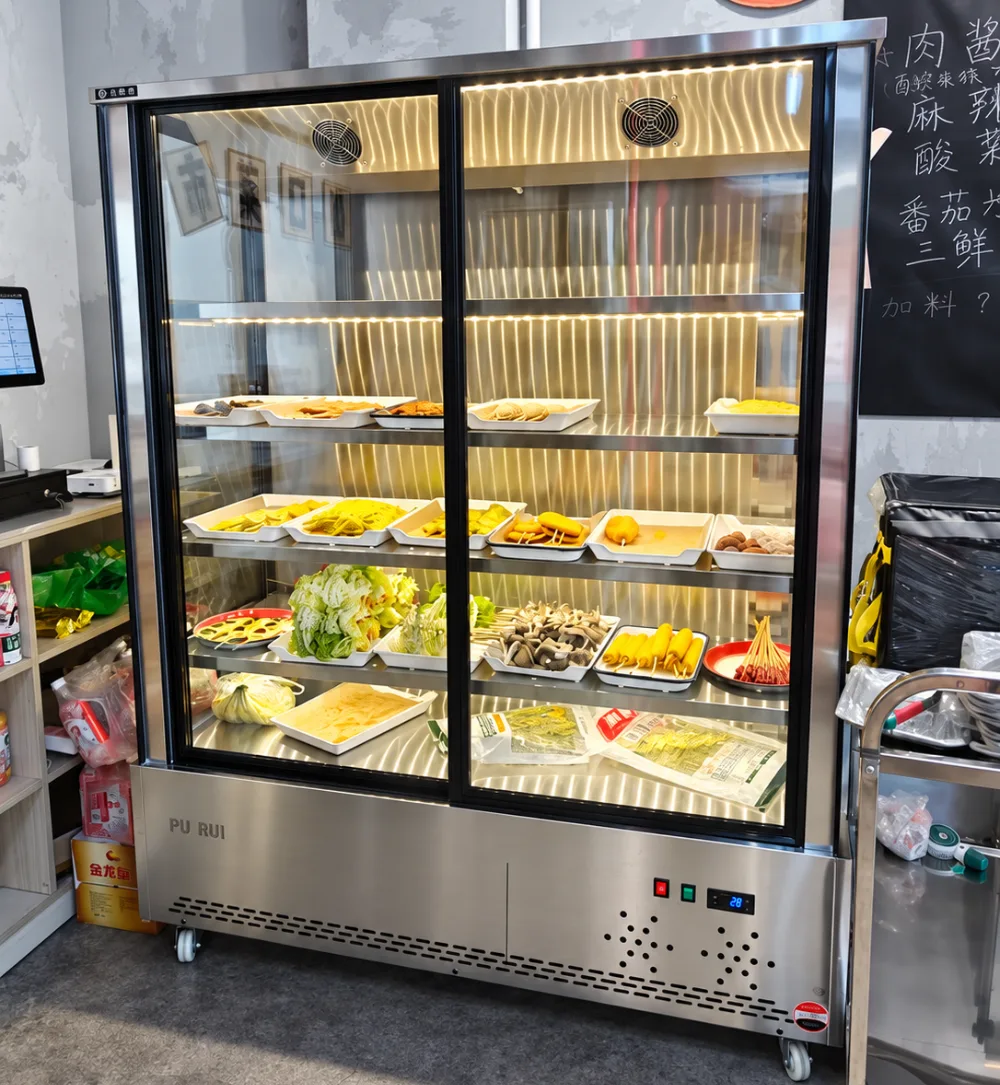 commercial glass door refrigerated display cabinet for malatang, skewers & fresh food