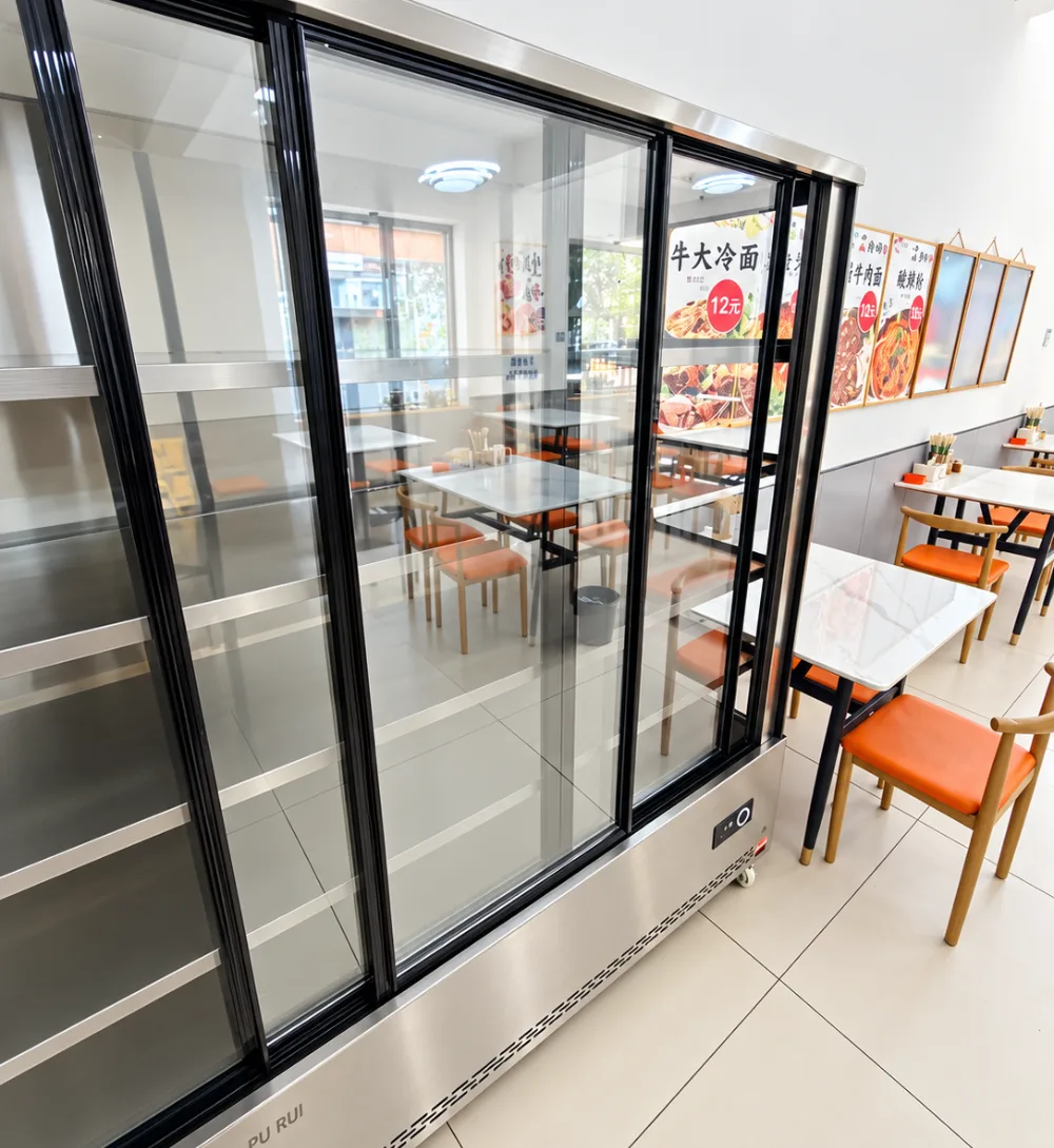 commercial glass door refrigerated display cabinet for malatang, skewers & fresh food