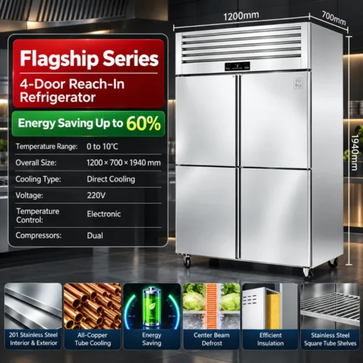 commercial stainless steel multi door reach in refrigerator, freezer & dual temperature cabinet