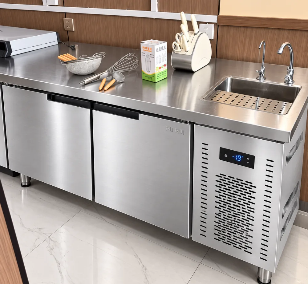 commercial stainless steel refrigerated worktable with refrigerator & freezer compartments