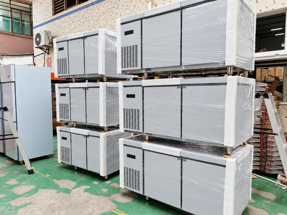 commercial stainless steel refrigerated worktable with refrigerator & freezer compartments