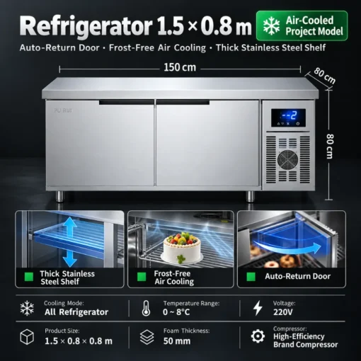 commercial stainless steel refrigerated worktable with refrigerator & freezer compartments