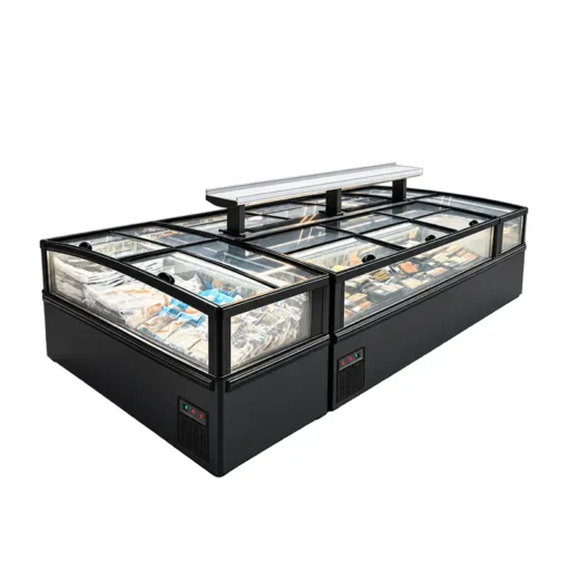 commercial supermarket combined island freezer with panoramic glass display and modular configuration