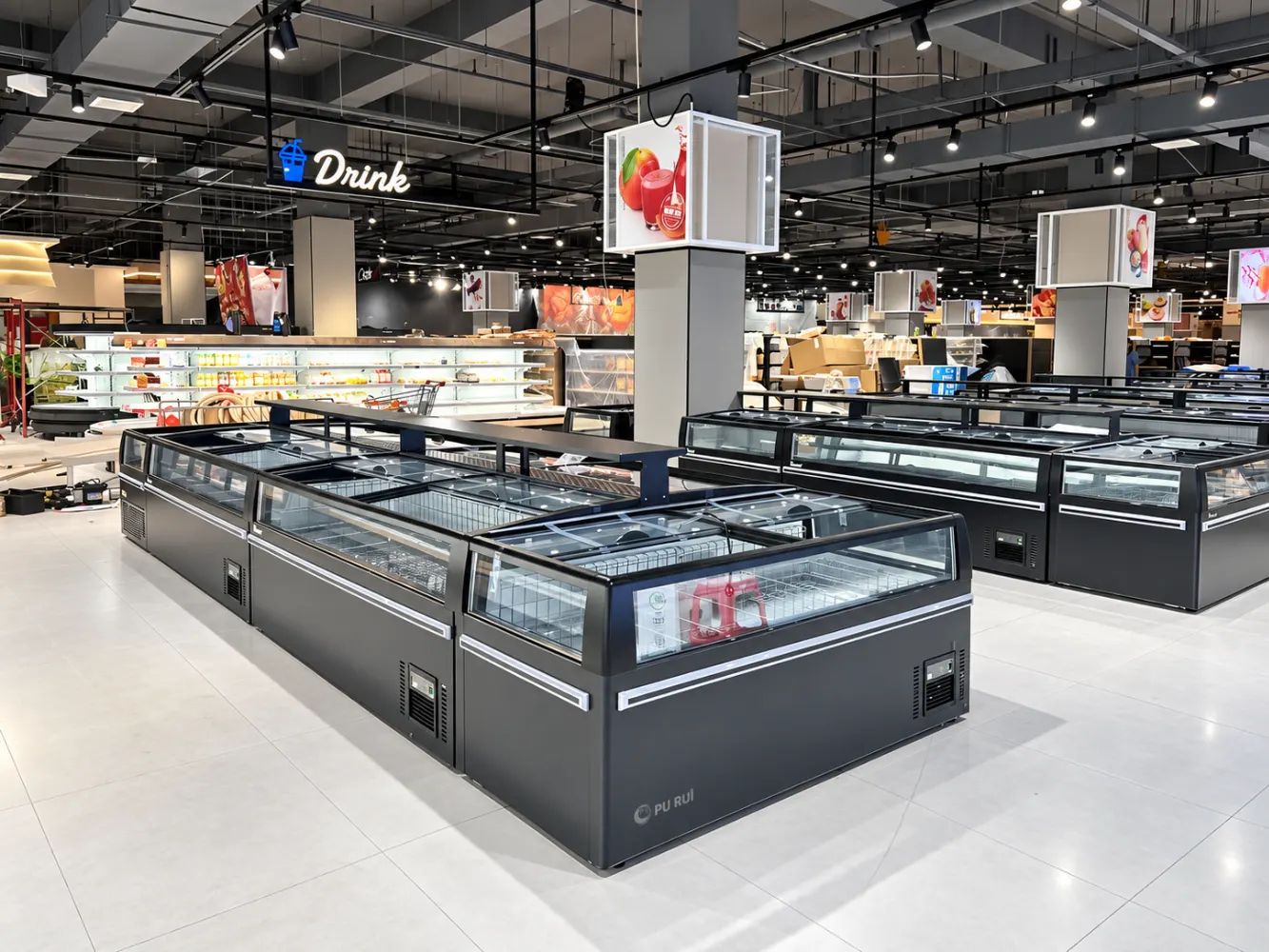 commercial supermarket combined island freezer with panoramic glass display and modular configuration