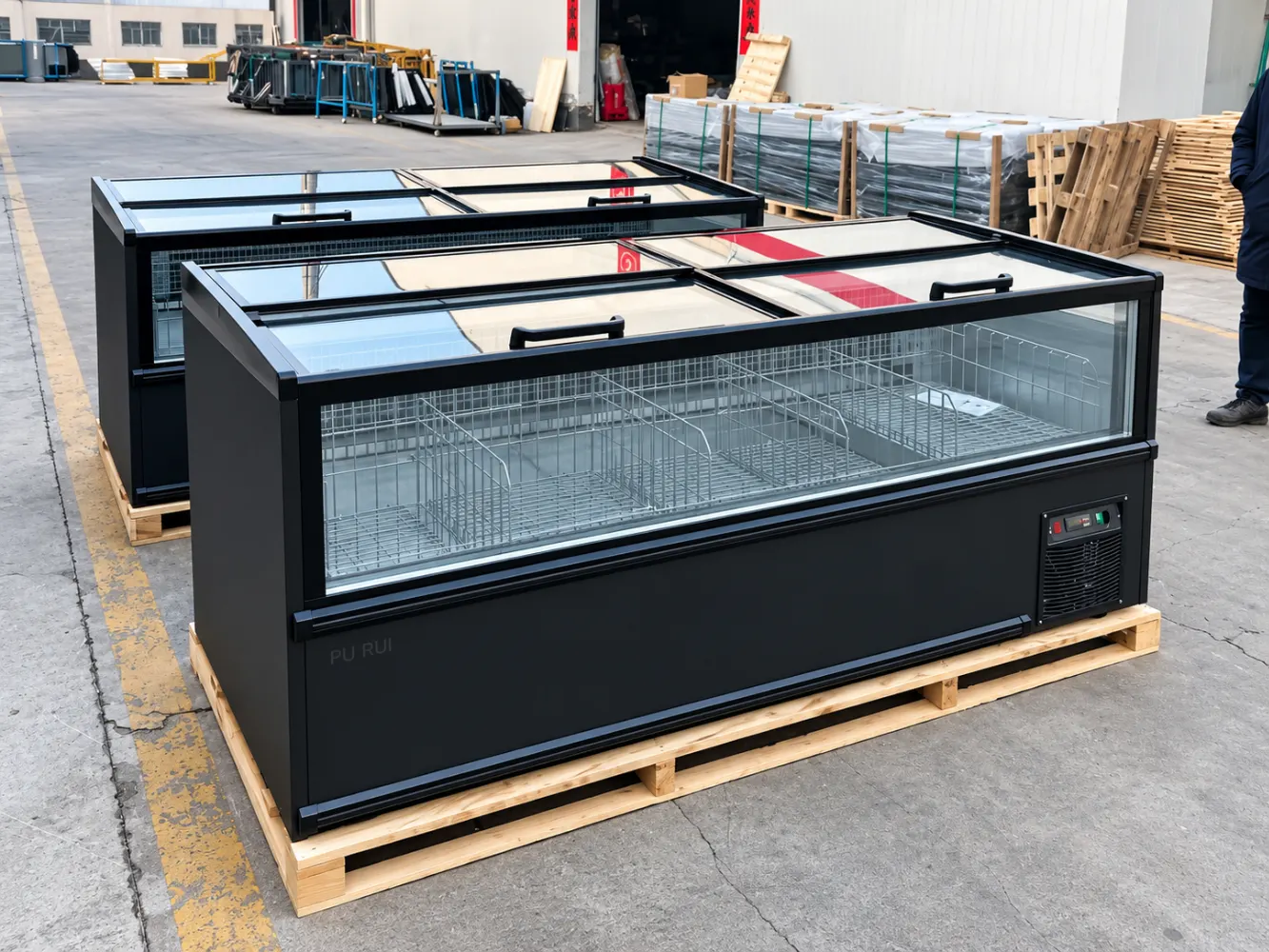 commercial supermarket combined island freezer with panoramic glass display and modular configuration