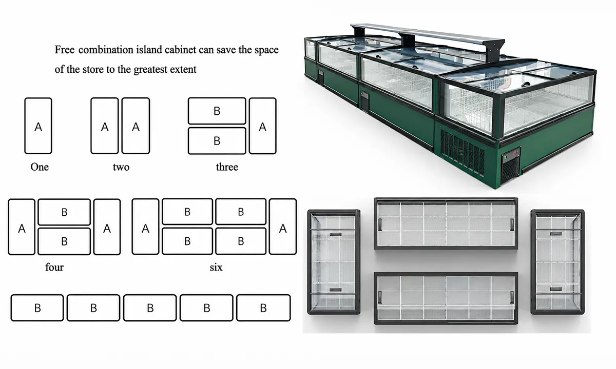 commercial supermarket combined island freezer with panoramic glass display and modular configuration