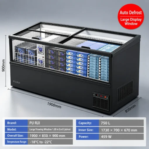 commercial supermarket combined island freezer with panoramic glass display and modular configuration