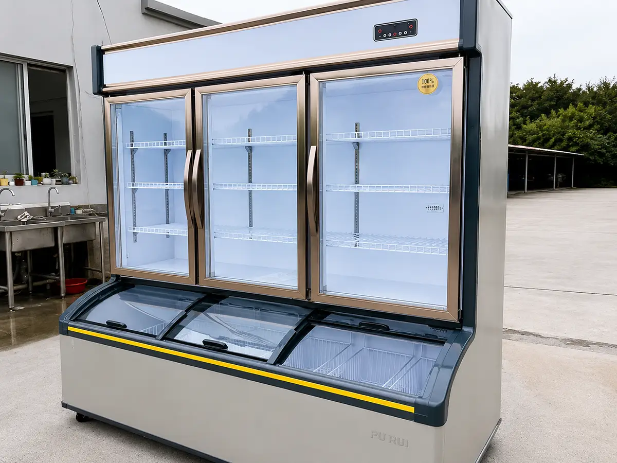 commercial supermarket dual temperature display refrigerator & freezer combination cabinet