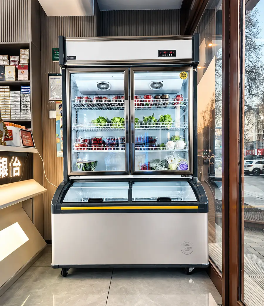 commercial supermarket dual temperature display refrigerator & freezer combination cabinet