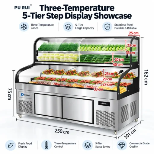 commercial triple temperature 5/6 tier deli, seafood & bbq refrigerated display counter
