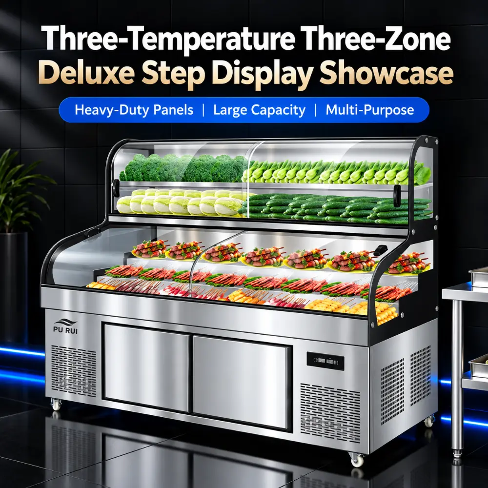commercial triple temperature 5/6 tier deli, seafood & bbq refrigerated display counter
