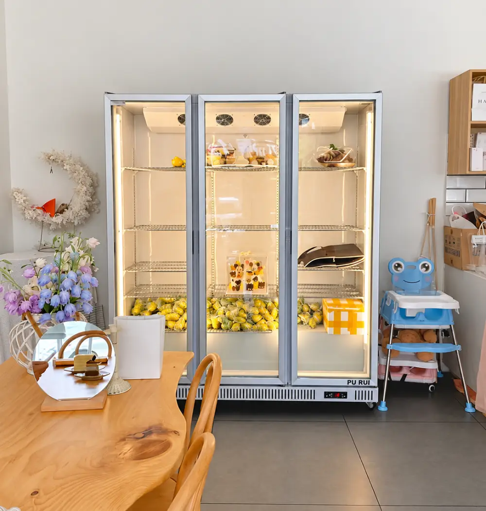 commercial upright cake display refrigerator with panoramic glass doors