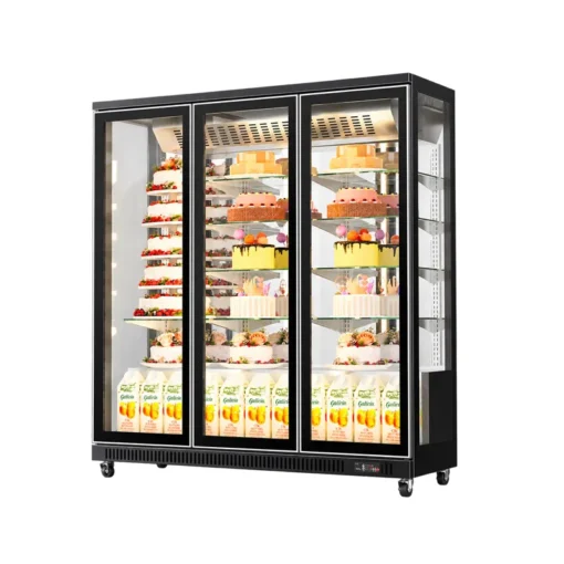 commercial upright cake display refrigerator with panoramic glass doors