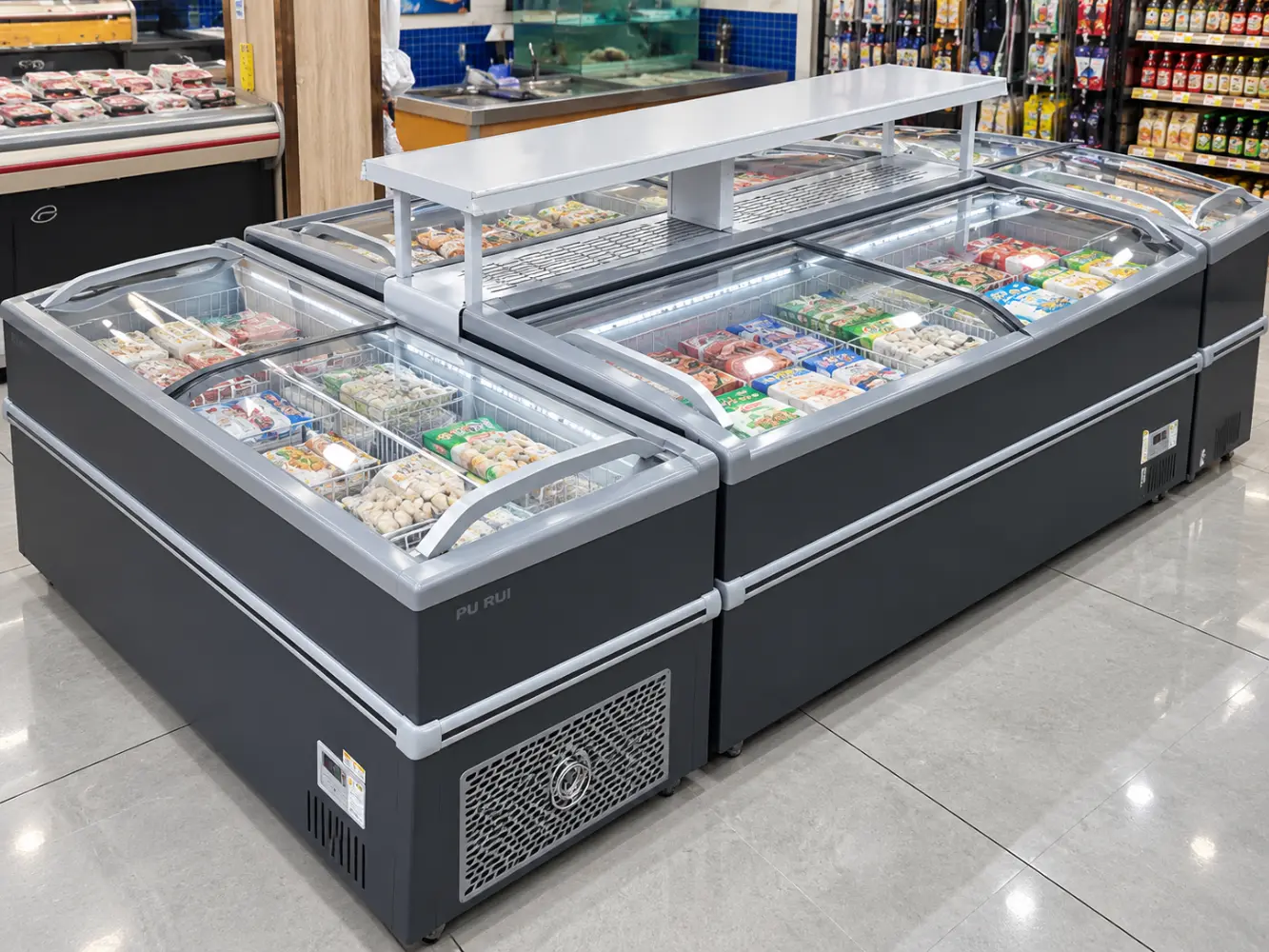 modular supermarket island freezer with sliding glass lids