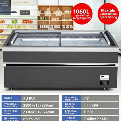 modular supermarket island freezer with sliding glass lids
