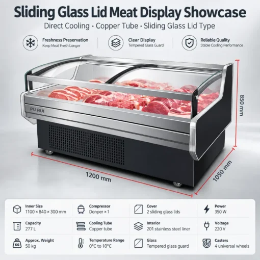 sliding glass lid meat display showcase, direct cooling commercial deli refrigerated counter