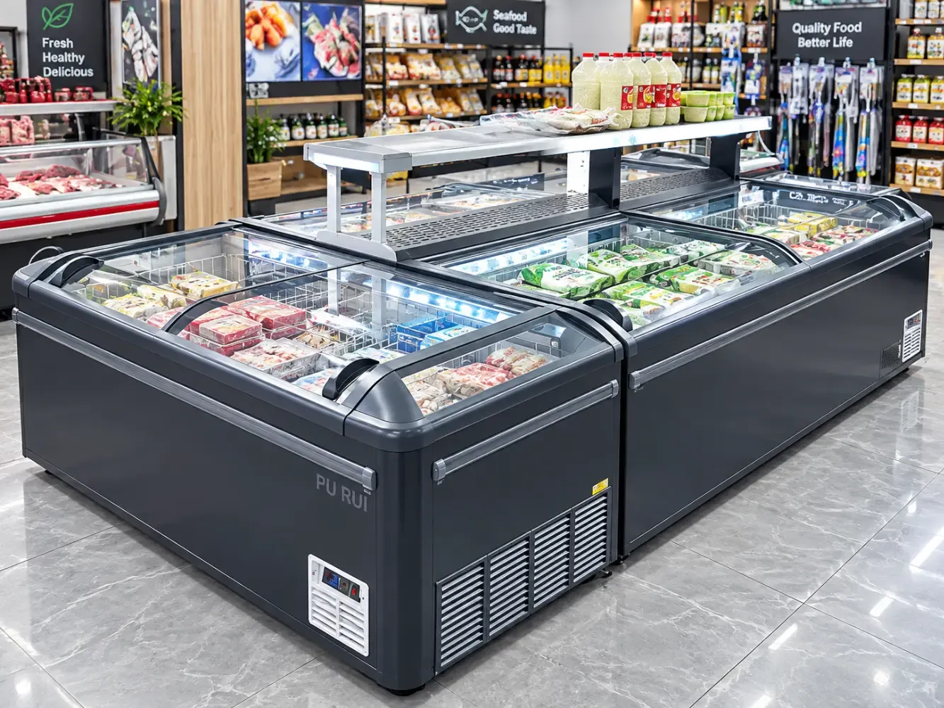 supermarket curved glass display freezer with sliding lids