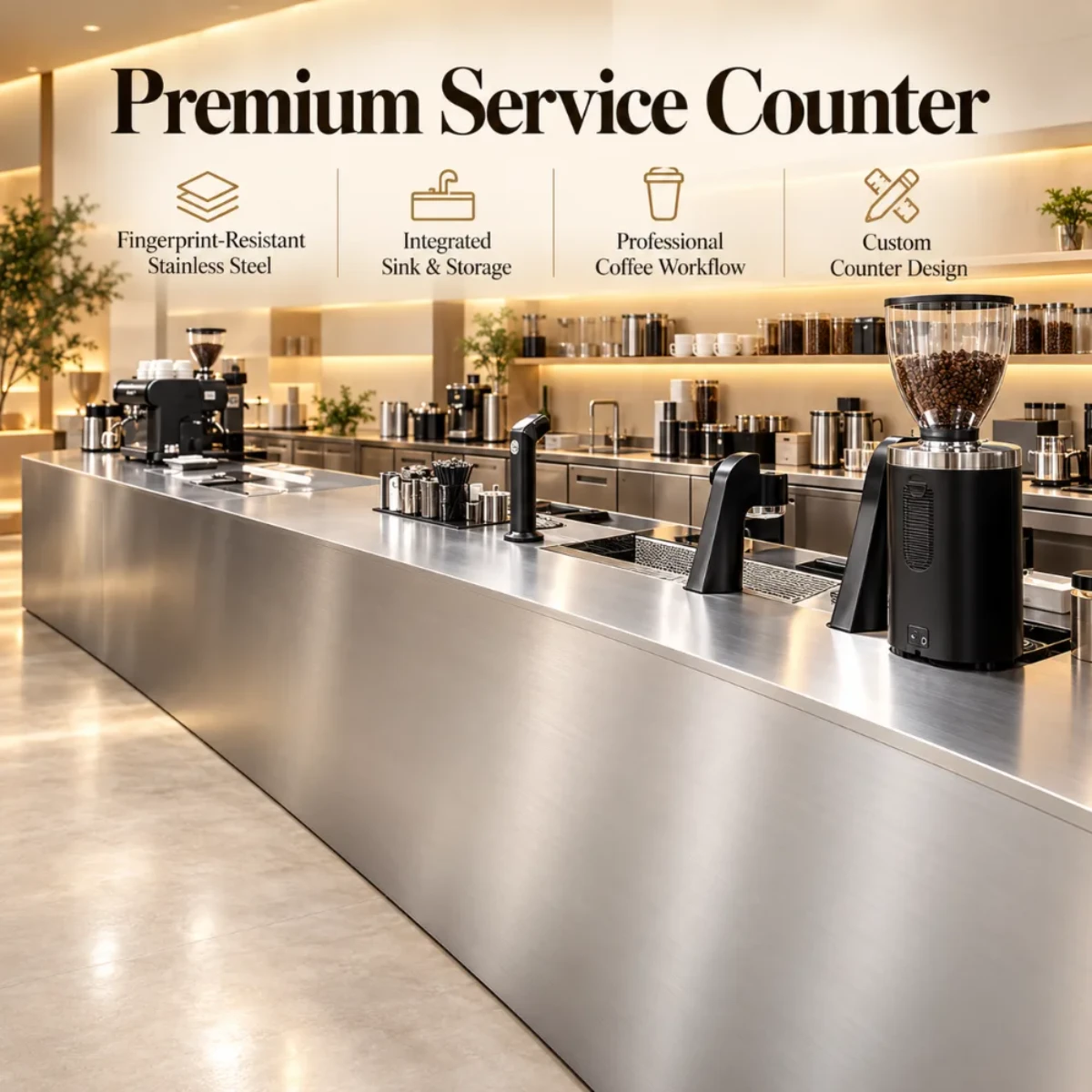 all in one café & bakery solution with stainless steel counters & equipment