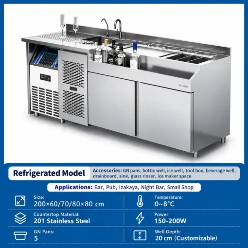 custom stainless steel refrigerated cocktail bar station