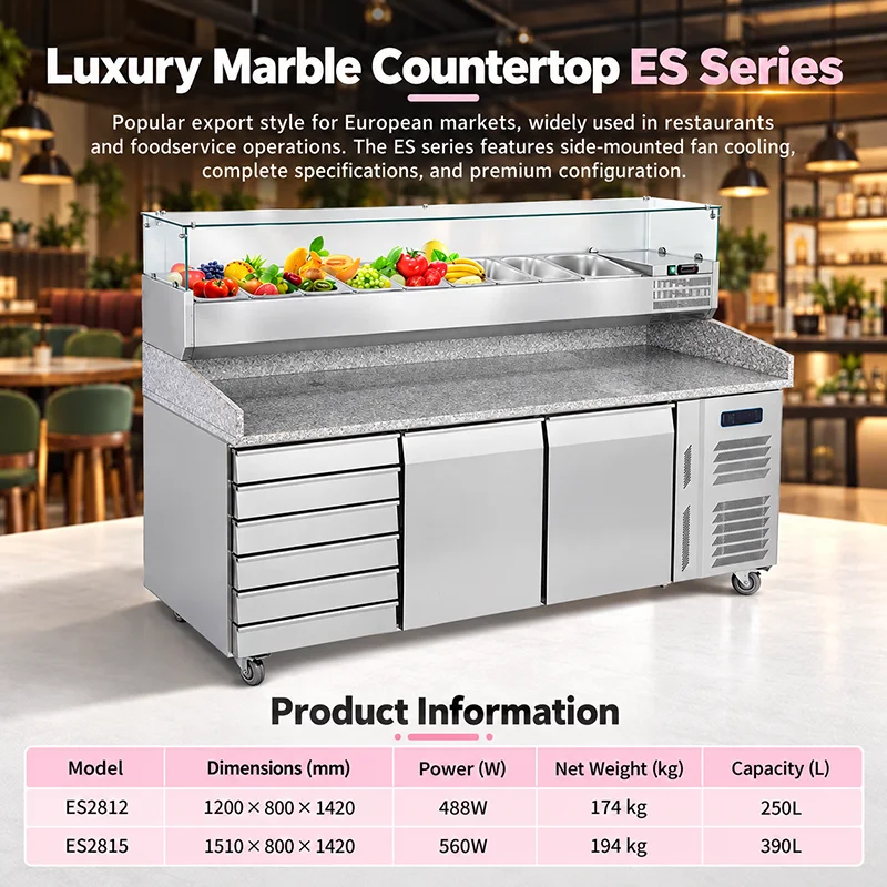 marble top refrigerated pizza & salad prep table