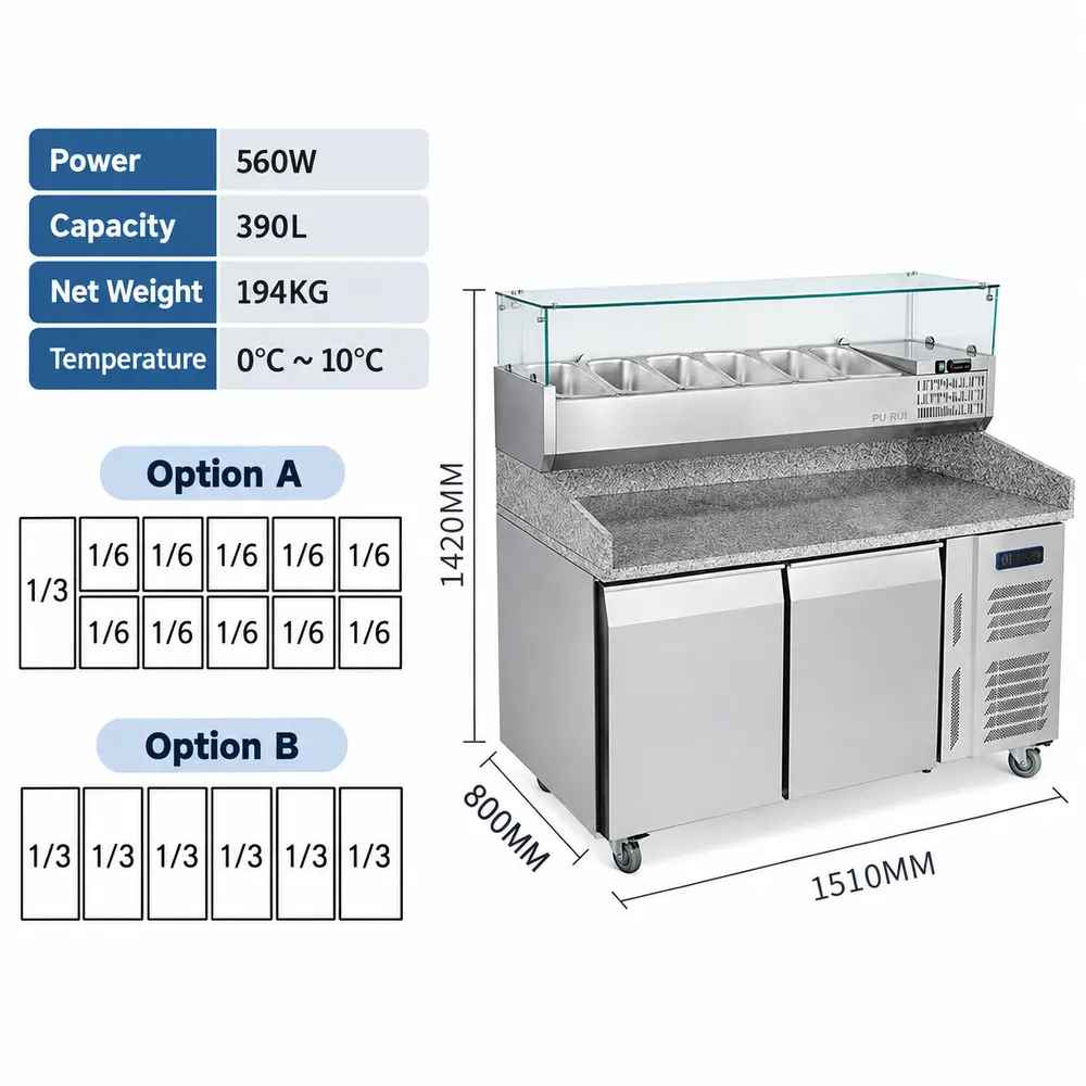 marble top refrigerated pizza & salad prep table